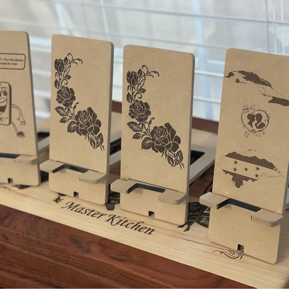Cell phone stand MDF for phones 6.5” Laser engraved
